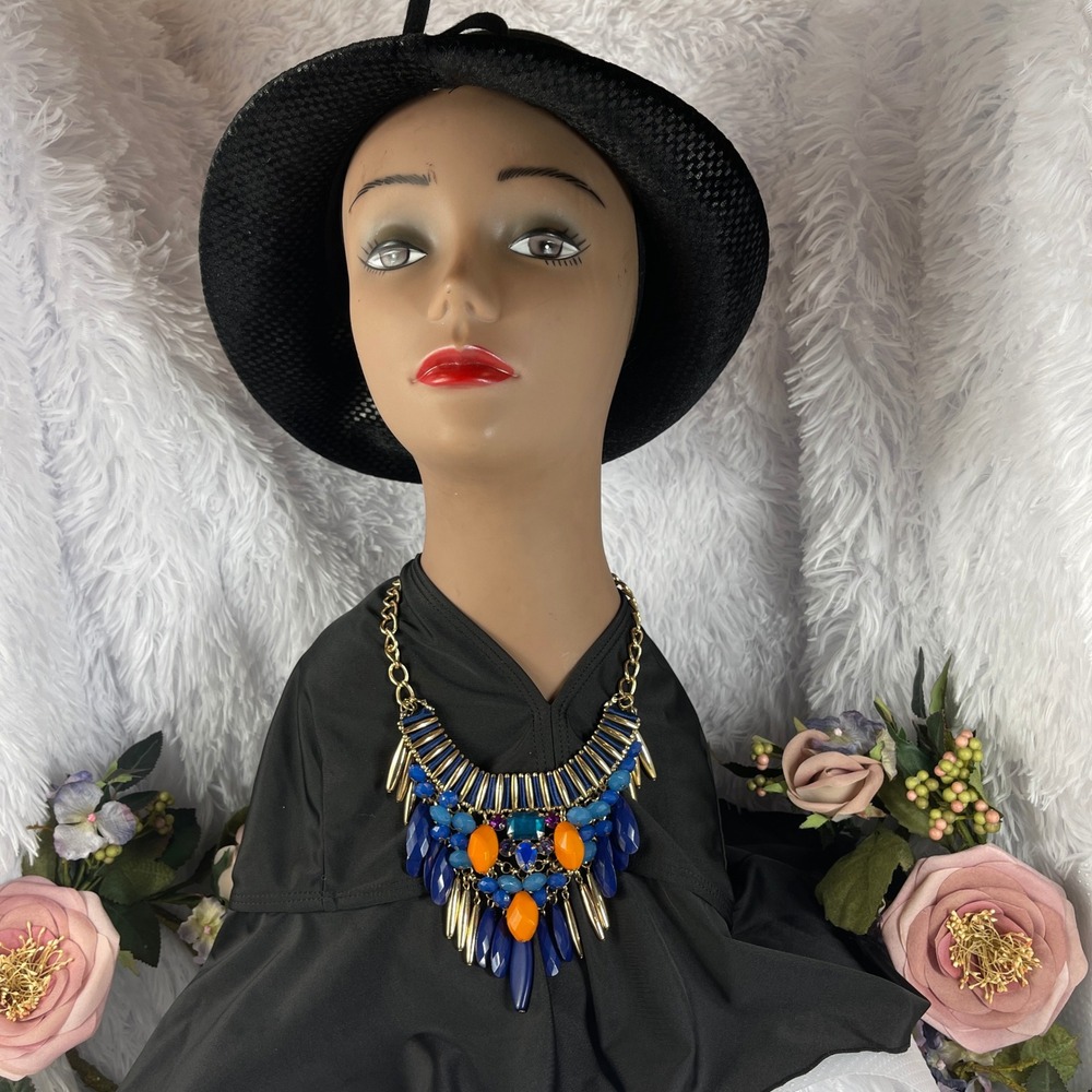 Unbranded Bib Statement Necklace Women OS Blu Orange Gold Tone Resin Bead Fringe